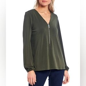 Michael Kors Quarter Zip Front V-Neck Long Sleeve Top